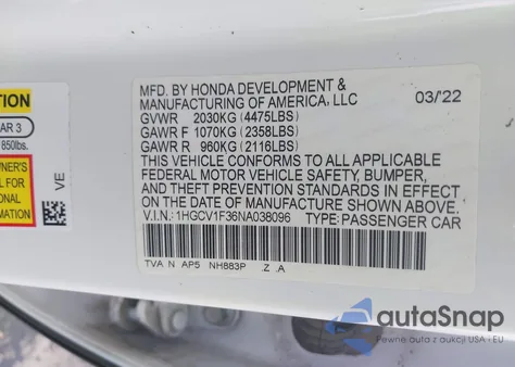 2022 Honda Accord Sport из США, поврежденный, VIN 1HGCV1F36NA038096